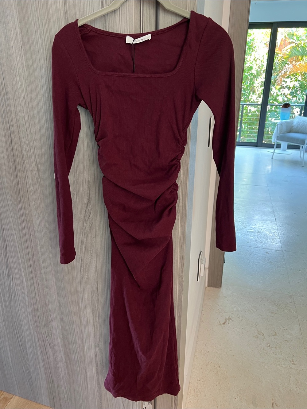 NWT REVOLVE Australia SHOWPO Lucy ribbed midi dress US 4 ruched bodycon wine - Picture 2 of 11